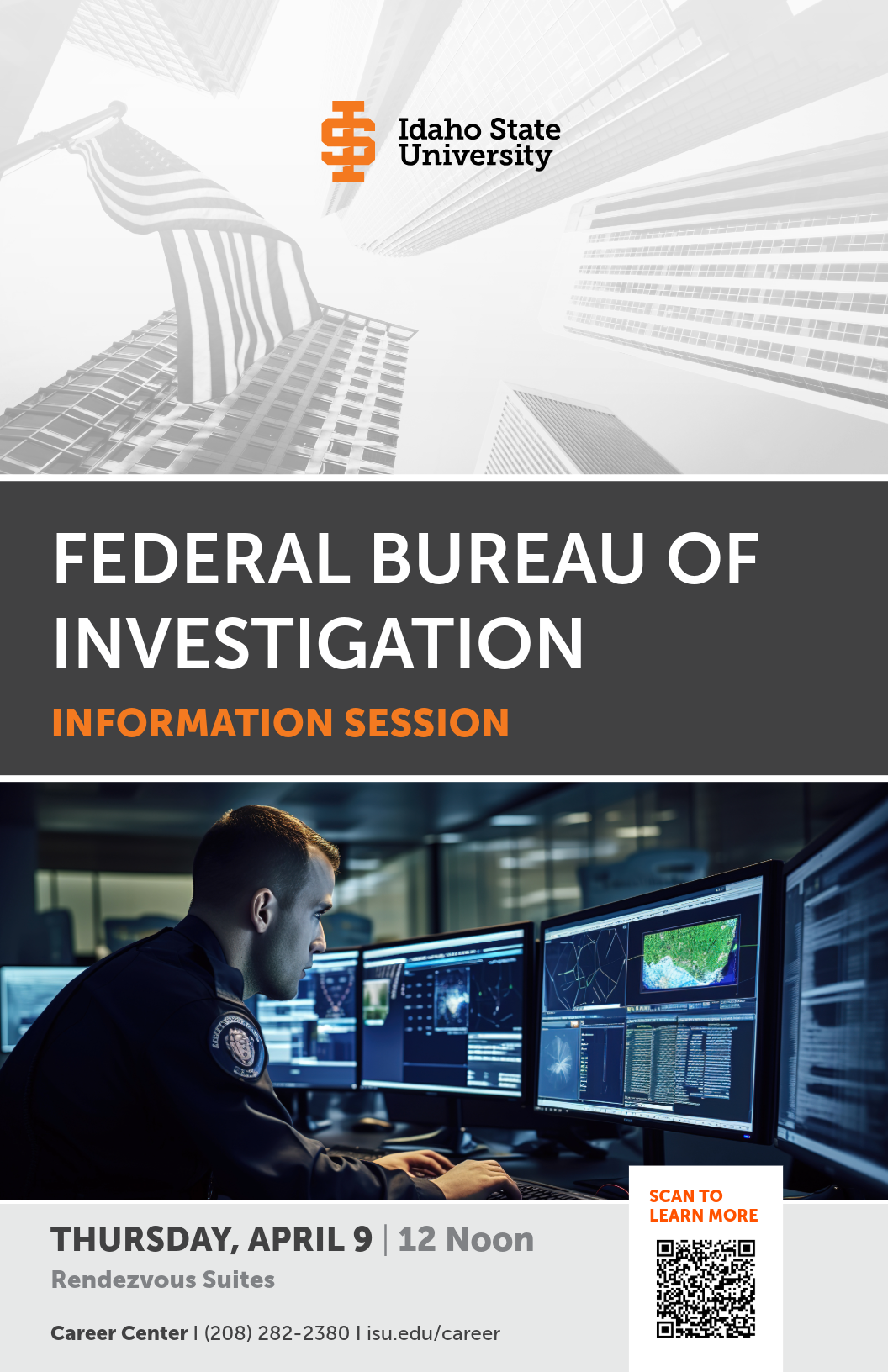 FBI flyer with worker in front of computer screens