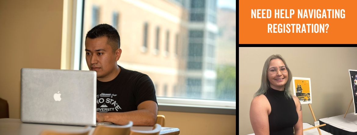 Two photos: One is of a male student sitting at a table with his laptop. He is looking up at the camera and smiling. The second photo is of a young woman standing in front of displayed art on a table and smiling.