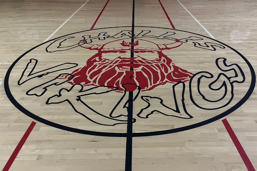 Picture of the Challis Vikings logo on the gym floor
