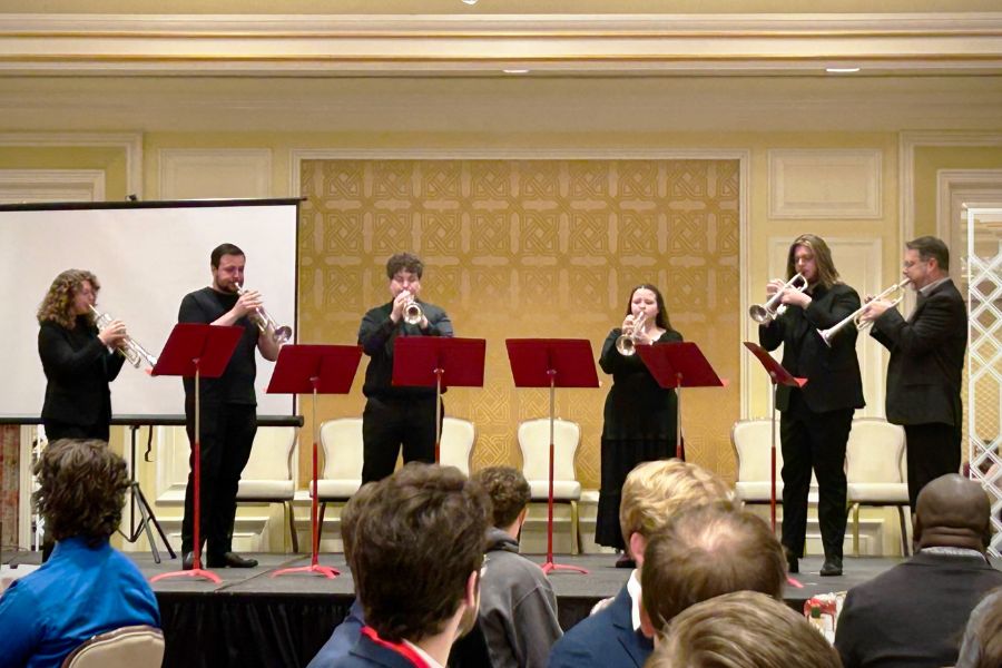 The 6 members of the ISU Trumpet Studio perform onstage