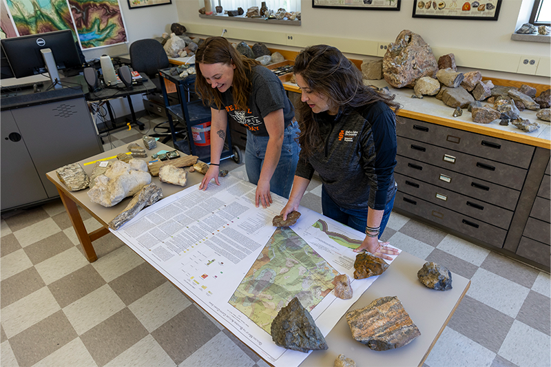 Shannon Kobs Nawotniak, professor and chair of the geosciences department at Idaho State University, and Anna Sniadach, graduate student, pose for photos on Idaho State University’s Pocatello campus.
