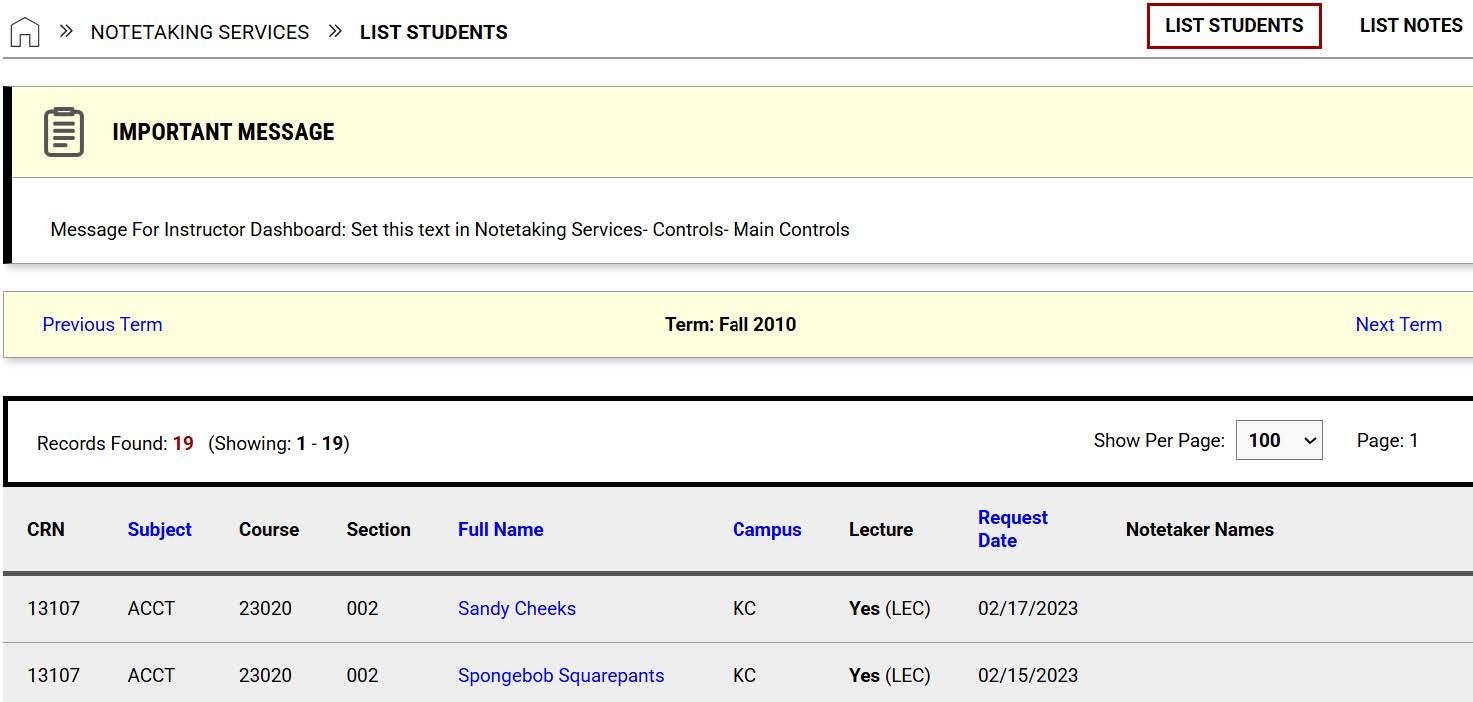 Screenshot of Notetaking Request Table