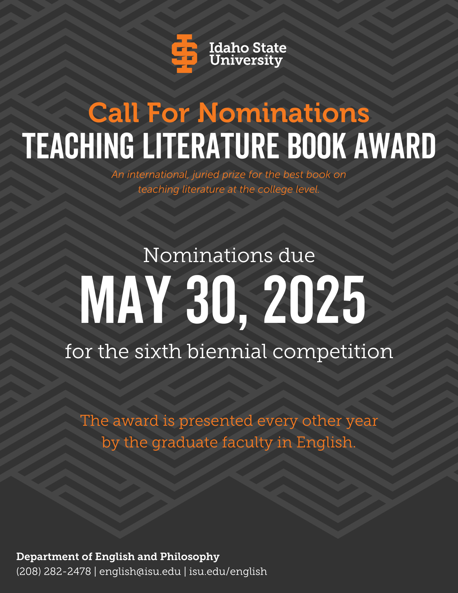 Poster with call for nominations verbiage for the Teaching Literature Book Award