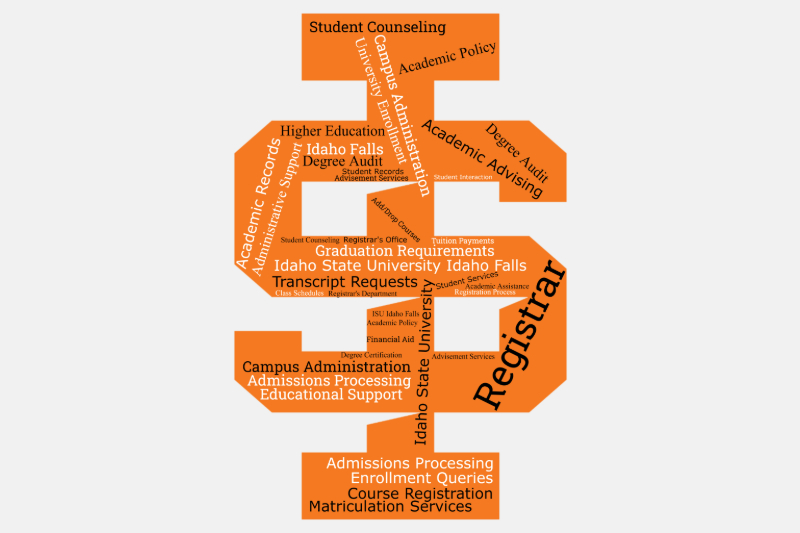 A word cloud around the ISU spirit mark, emphasizing the registrar's office and related services.