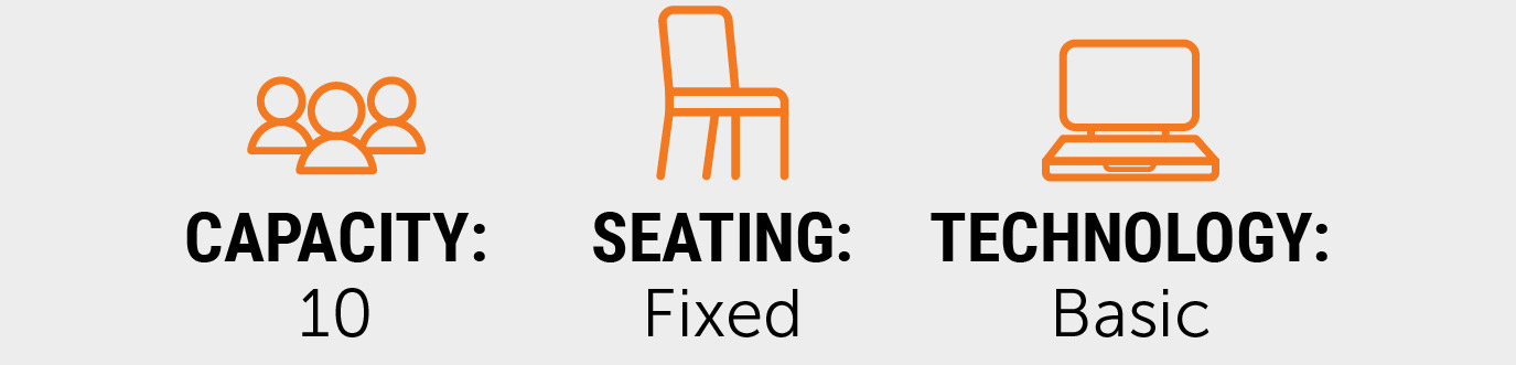 Graphic showing TAB 259 quick facts: capacity of 10 people, fixed seating, and basic technology.