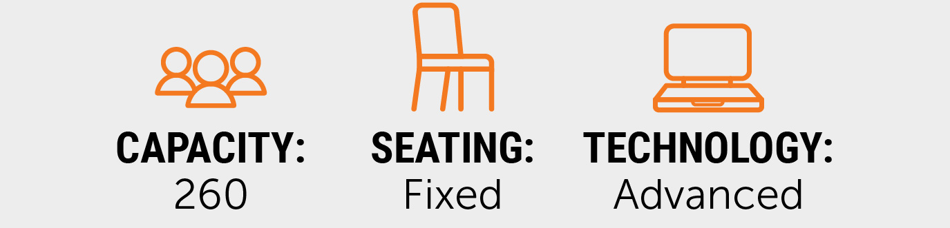 Graphic displaying TAB Auditorium quick facts with icons and text reading: “Capacity: 260,” “Seating: Fixed,” and “Technology: Advanced.”