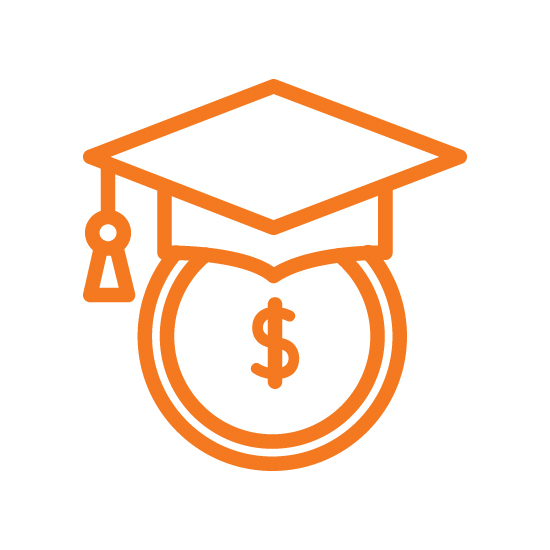 Icon of a graduation cap above a dollar symbol, representing scholarships that help pay for college.