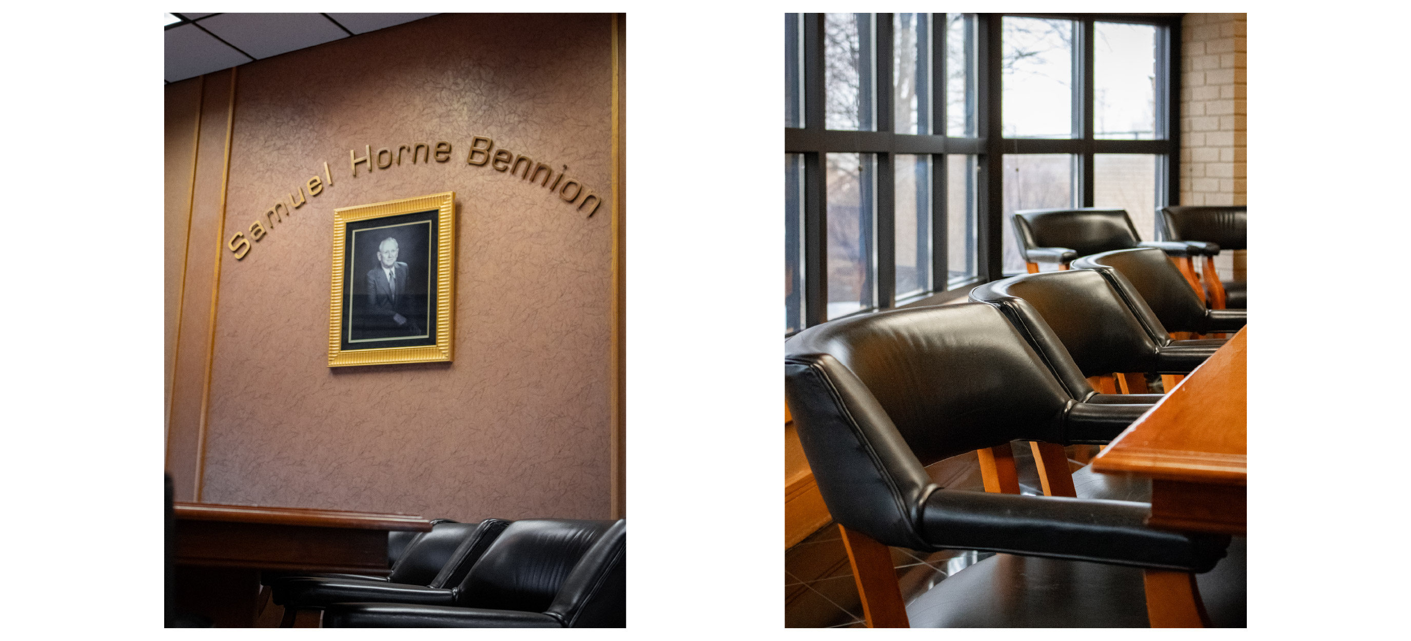 Two views of the conference room, featuring a portrait of Samuel Horne Bennion and black leather chairs positioned around the wooden conference table near large windows.