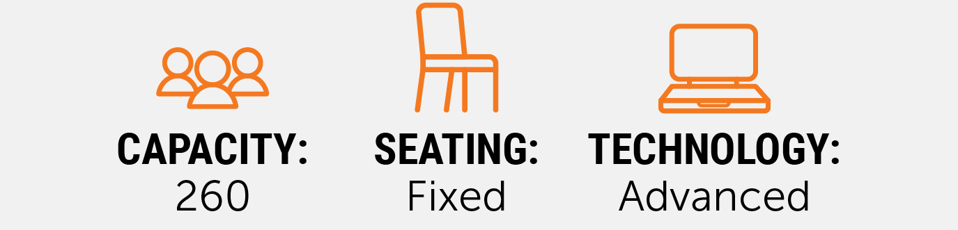 Graphic displaying TAB Auditorium quick facts with icons and text reading: “Capacity: 260,” “Seating: Fixed,” and “Technology: Advanced.”