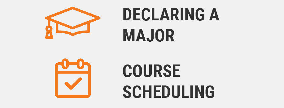 Icons of a graduation cap and calendar alongside the text “Declaring a Major” and “Course Scheduling.”