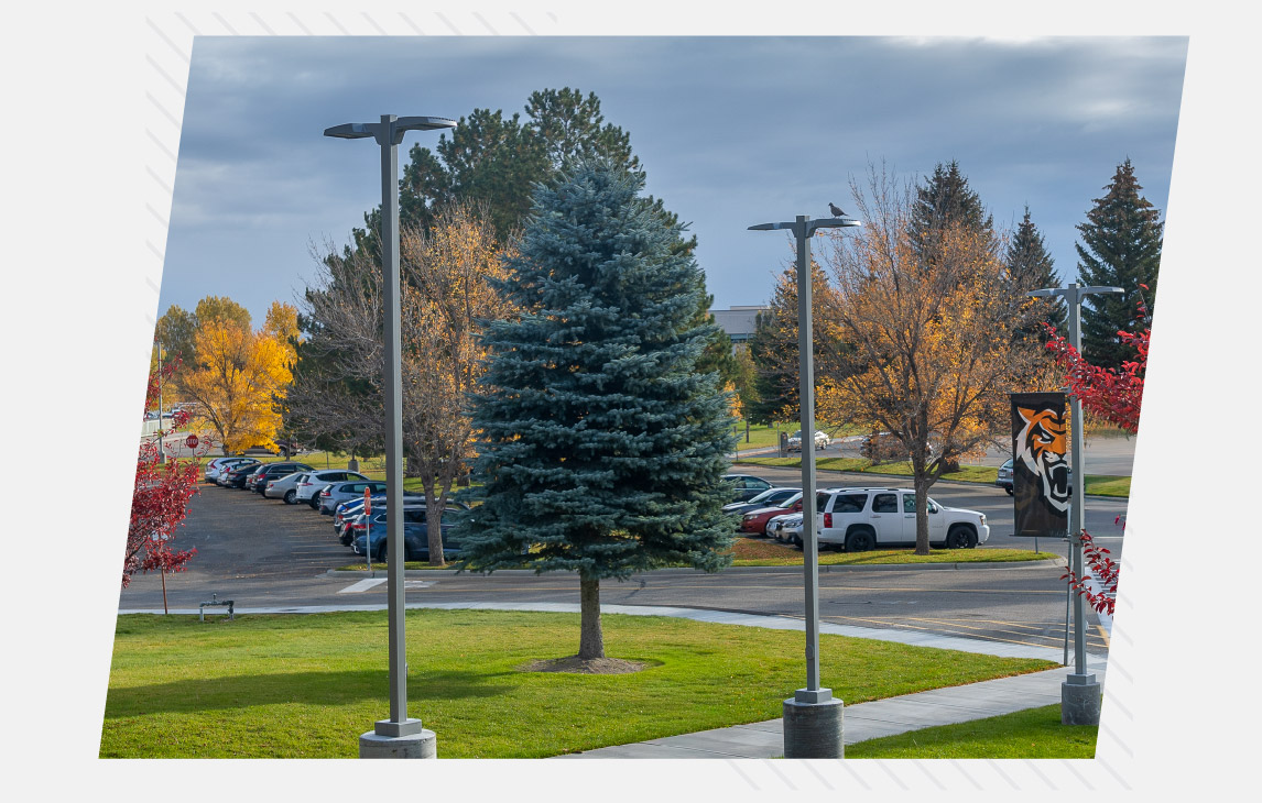 Campus parking area at Idaho State University Idaho Falls with rows of parked cars, light posts, and walkways surrounded by green grass and trees showing fall colors.