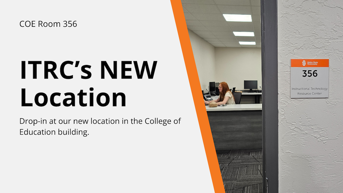 ITRC's new location COE Room 356 next to a photo of someone working in the new space