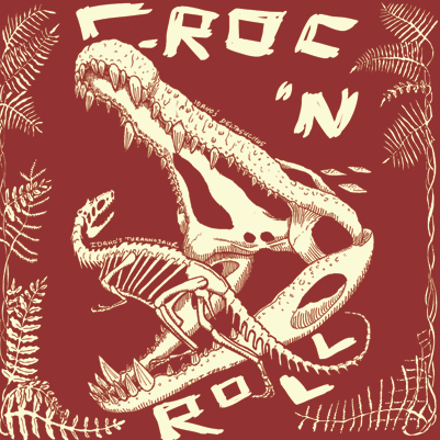 Croc 'n Roll, a stylized drawing of Idaho's fossil crocodile about to eat Oryctodromeus