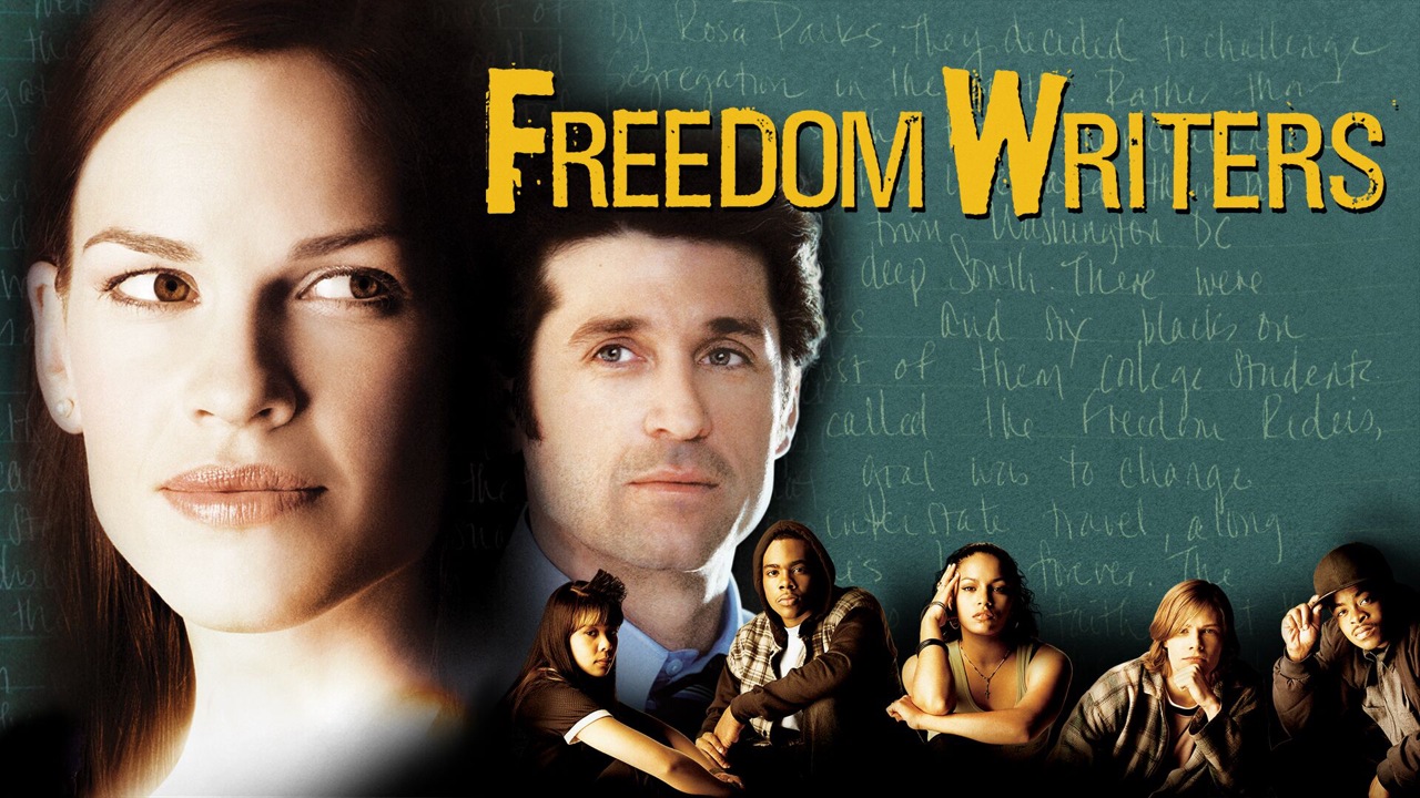 Freedom Writes Movie Poster. 5 people sitting on a couch, with two giant heads placed ahead of them as the focal point.