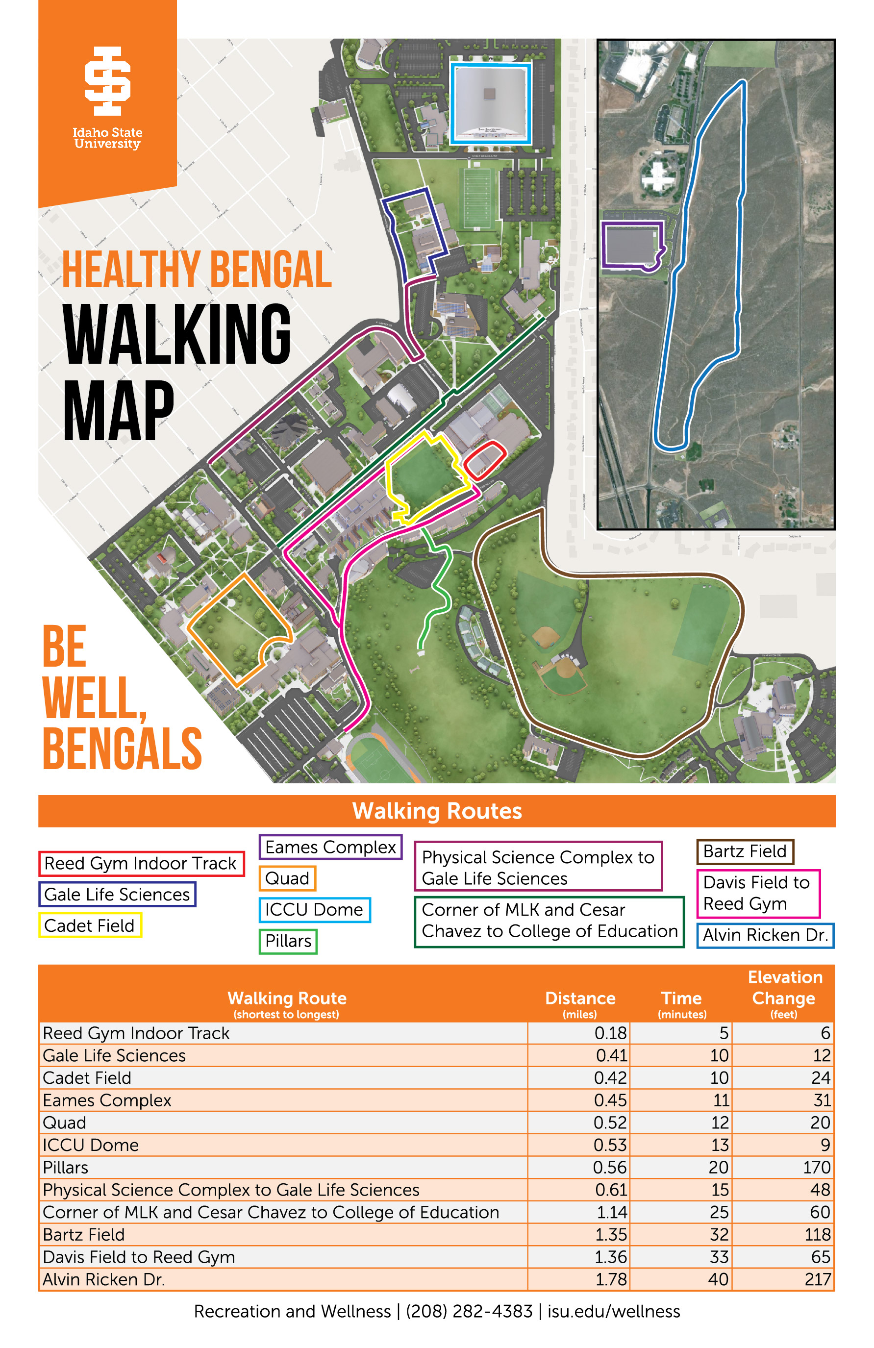 Campus map with highlighted walking routes.