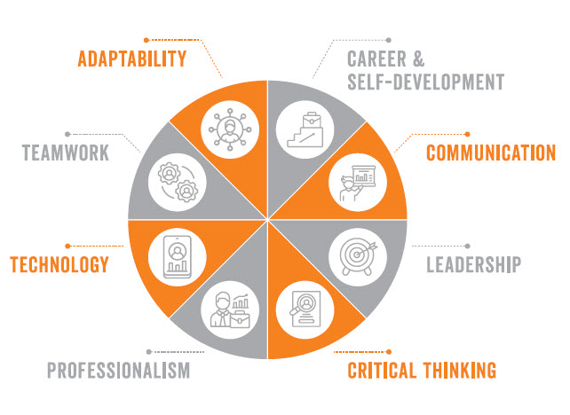 Career readiness skills: Self-development, Communication, Leadership, Critical thinking, Professionalism, Technology, Teamwork, Adaptability