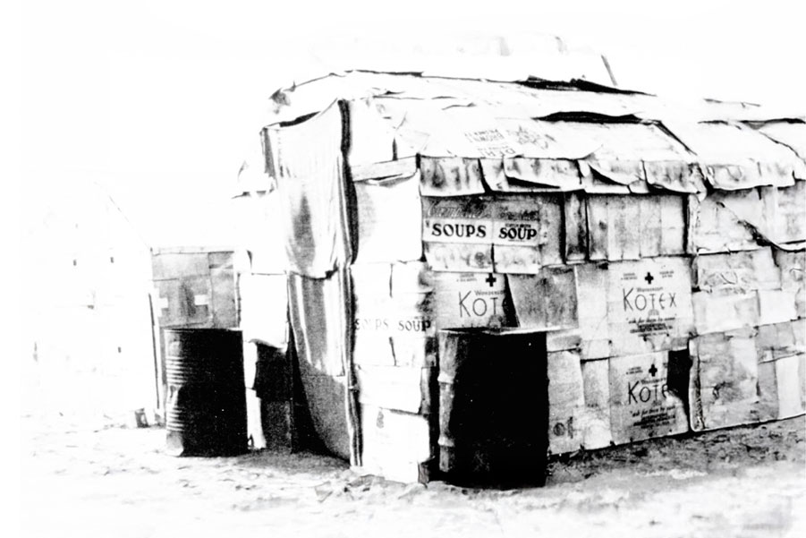 One of the cardboard houses built by students during the Great Depression.